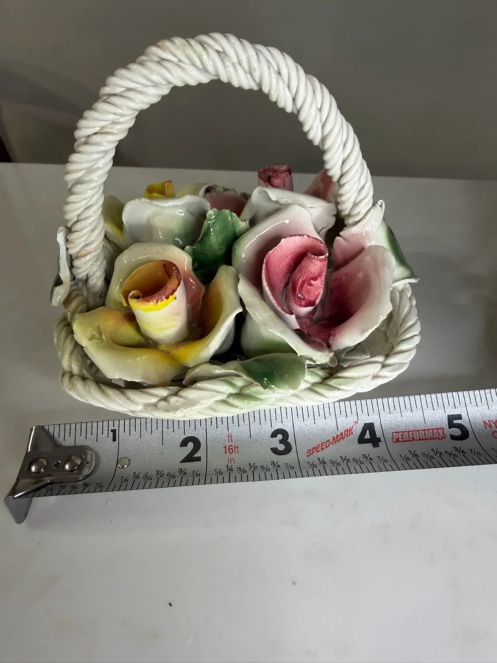 Capodimonte Italian Porcelain Floral Basket with Pink, Yellow and Green Roses